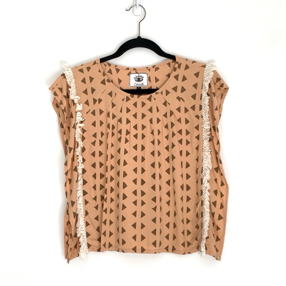 Cleobella Peach Pink Geo Print W/ White Fringe Boxy Boho Top Bohemian Beachy